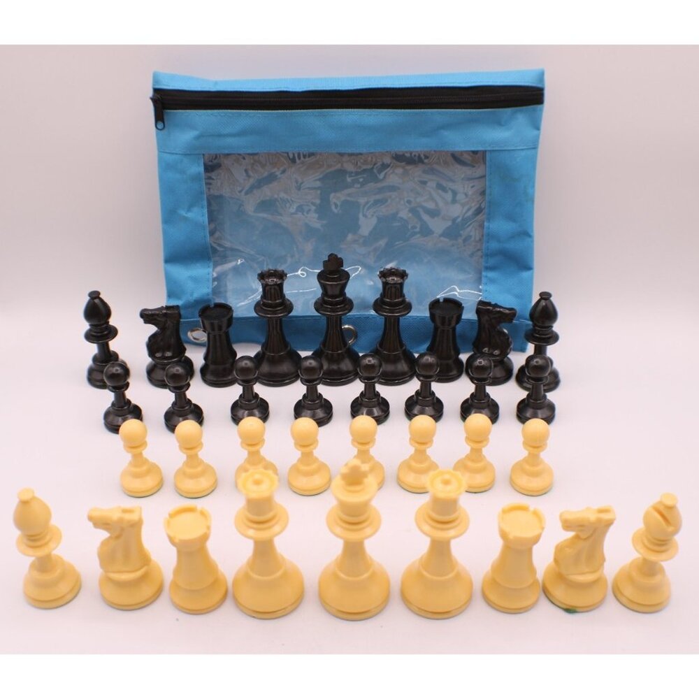 Complete Set Chess Pieces Black Tan Board Games Blue Zippered Case Resin Acrylic